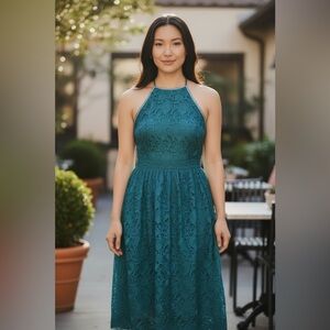 NWT LOFT Teal Lace Halter-Style Strapless-Illusion Midi Dress